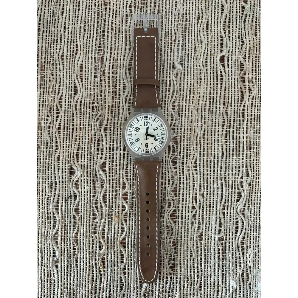 Ultra Rare Vintage 2002 Swatch Watch Khaki Brown Field Transparent Caseback 43mm